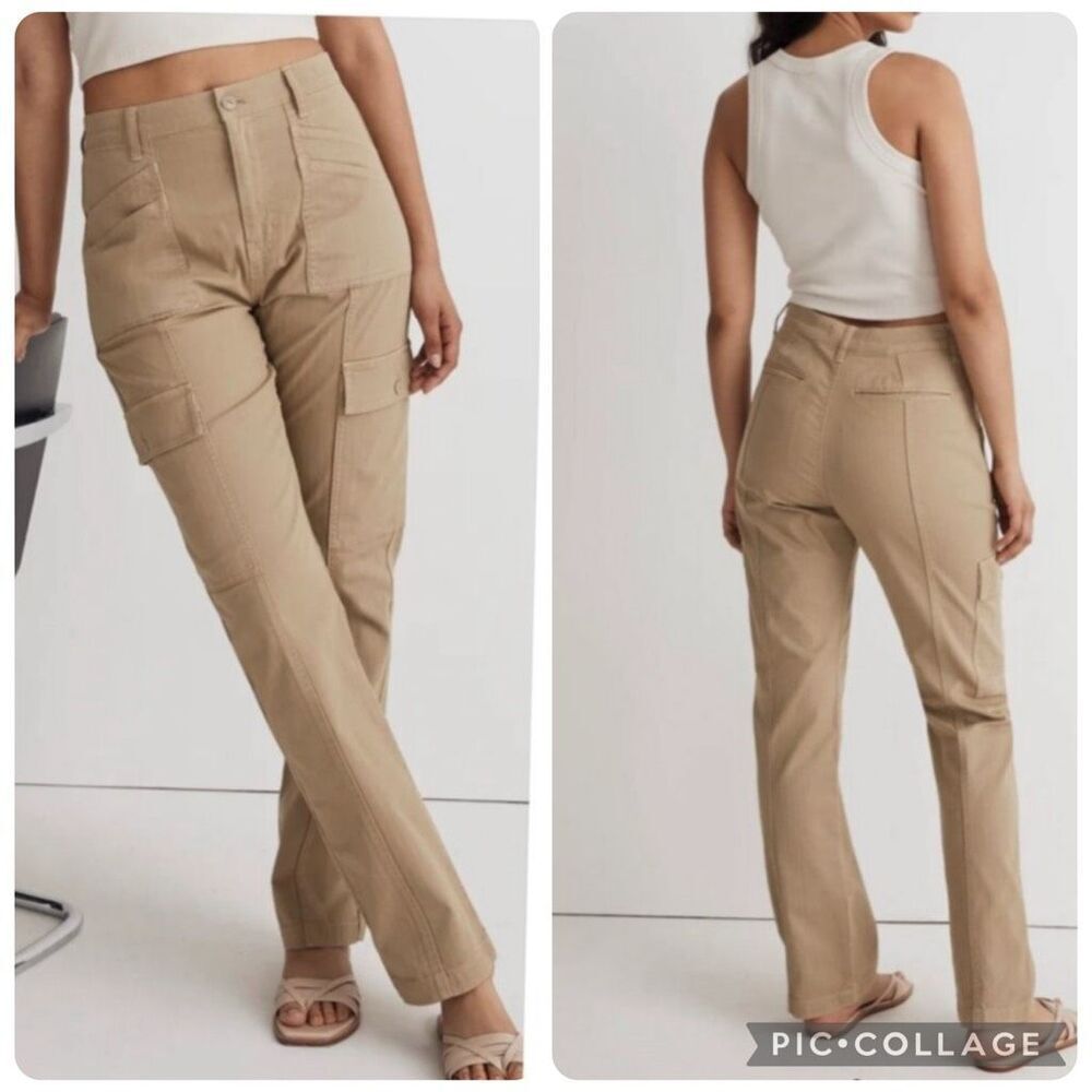 Madewell 90s Straight Cargo Pants Women Size 31-12 Khaki Tan Pockets High Rise